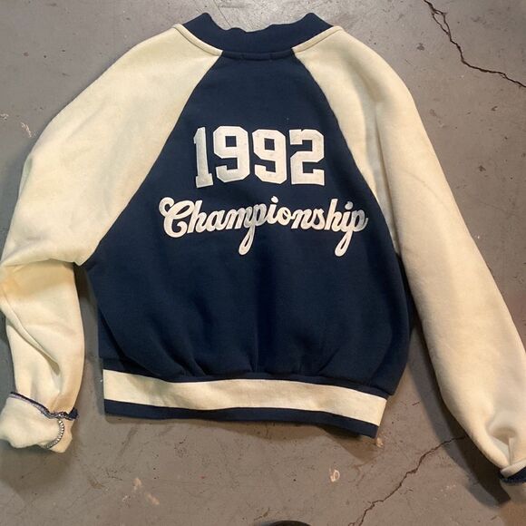 Blue and Cream Size Small Varsity Button Up Bomber Sweater - Picture 2 of 3